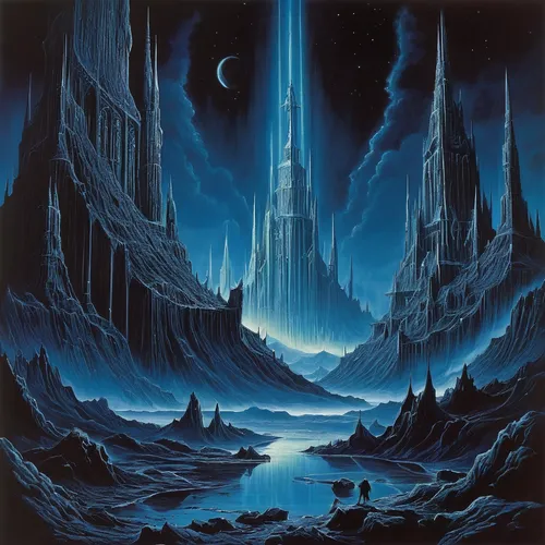 Write a haunting poem about Abaddon's relentless darkness.,ice castle,ice planet,futuristic landscape,hall of the fallen,fantasy landscape,lunar landscape,barren,necropolis,citadel,valley of the moon,