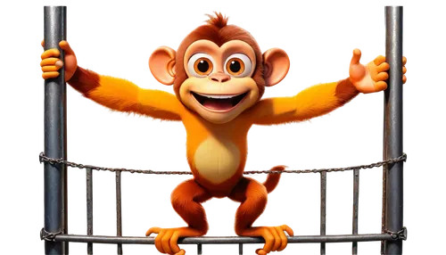 Cartoon monkey, playful, smiling face, big eyes, colorful fur (yellow, orange), muscular arms, strong hands, holding bars, metallic bars, rusty texture, urban playground, morning sunlight, low-angle s