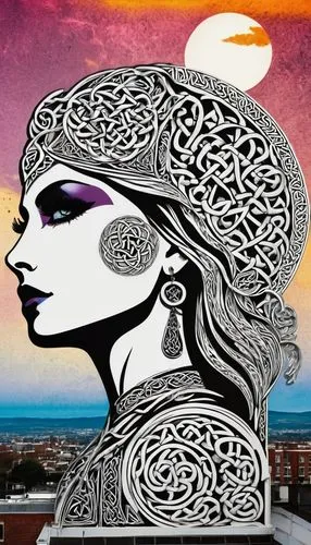 celtic grim widow  rainbow, moon sunset white ceramics wall, , bright  black eyes photography,  mural in the top of the building, ,head woman,brainwaves,inanna,woman silhouette,neuroplasticity,telepat