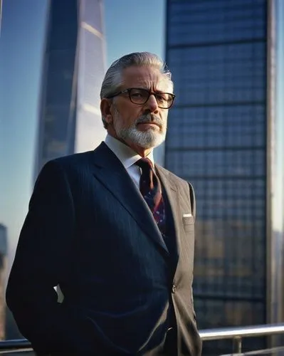 Middle-aged, mature gentleman, suited, tie, glasses, short hair, beard, confident expression, standing, hands behind back, skyscraper, cityscape, modern architecture, steel beams, glass windows, urban