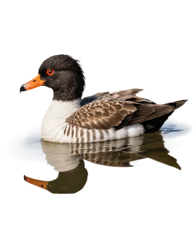 Yellow beak, brown eyes, fluffy feathers, white belly, webbed feet, swimming posture, rippled water reflection, soft sunlight, warm color tone, shallow depth of field, 3/4 composition, cinematic light