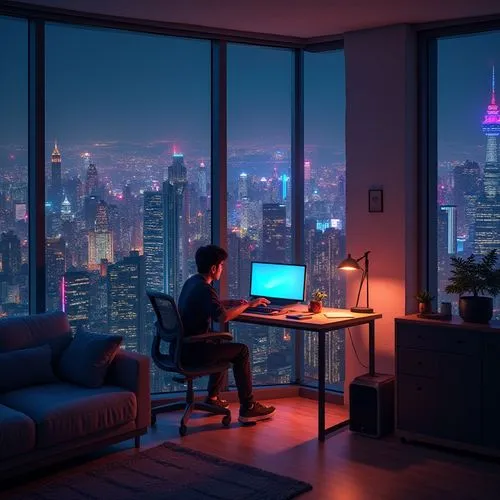 cyberpunk,modern office,man with a computer,soir,computer room,cyberscene,Photography,General,Realistic