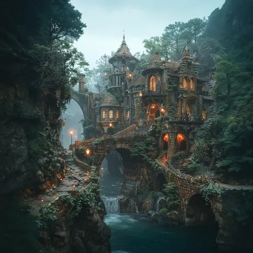 fantasy landscape,fairy village,fantasy picture,3d fantasy,fairy tale castle,fantasy art,fairytale castle,house in the forest,witch's house,fantasy city,fantasy world,house in mountains,asian architecture,house in the mountains,water castle,fairy world,fairy house,mountain settlement,ancient house,cave on the water