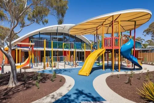 Modern daycare center, Perth, Western Australia, single-story building, curved roofline, large windows, natural light, wooden accents, colorful exterior walls, playground equipment, slides, climbing f