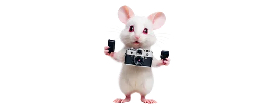 Cute mice, white fur, pink ears, bright big eyes, whiskers, standing on hind legs, holding tiny camera, photographer pose, soft focus, warm lighting, 3/4 composition, shallow depth of field, pastel co