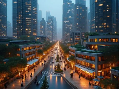 Urban renewal, vibrant cityscape, modern skyscrapers, bustling streets, pedestrian zones, green roofs, vertical gardens, futuristic architecture, sleek lines, metallic materials, glass facades, neon l