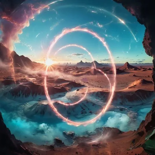 the sun setting over a desert landscape is spinning with the sky and clouds,orb,ozma,loa,circled,time spiral,portal