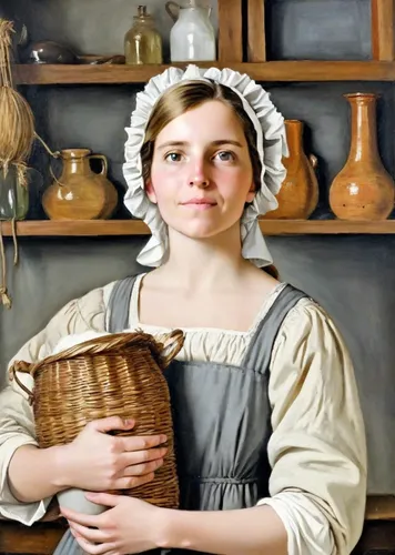 girl with bread-and-butter,woman holding pie,girl in the kitchen,milkmaid,girl with cereal bowl,basket maker,basket weaver,woman of straw,candlemaker,girl in a historic way,girl with cloth,laundress,basket weaving,cleaning woman,cheesemaking,portrait of a girl,woman drinking coffee,woman with ice-cream,woman eating apple,woodworker