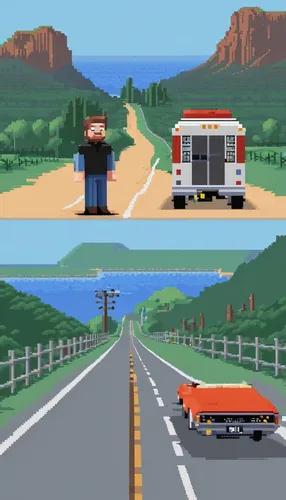 pixel art,lego trailer,roads,small towns,delivery trucks,fleet and transportation,computer graphics,vehicles,parallel,highway signs,cartoon video game background,model buses,retro vehicle,transportation,highway,backgrounds,truck stop,road train,nes,detour,Unique,Pixel,Pixel 01