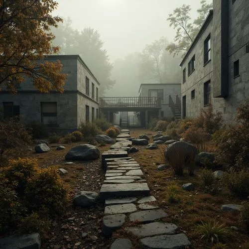 Moody Gainsboro landscape, misty fog, soft warm lighting, rustic wooden bridges, meandering stone pathways, vibrant moss, weathered concrete walls, distressed metal accents, muted earth tones, rich br