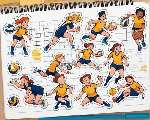 Illustrate the comical adventures of a team of amateur volleyball players.,volleyball team,volleyball,volley,sitting volleyball,volleyball player,setter,icon set,sports balls,mini rugby,playmat,stick 