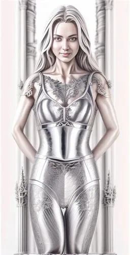 Delicate pencil drawing of a pretty Central European girl with long dark hair that’s walking in a highly polished knight's armor. Her smile has that certain something and she is constantly on the move