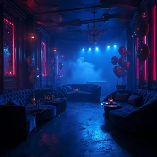 Dark nightclub interior, Prussian blue accent walls, dimly lit, strobe lights, fog machines, DJ booth, flashing LED lights, luxurious velvet sofas, chrome tables, champagne bottles, cocktail glasses, 