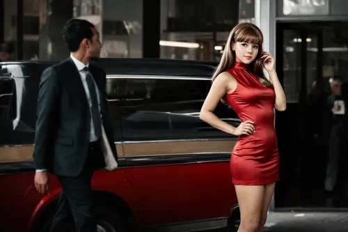 people in suits and in everyday clothes walking through the street,man in red dress,girl and car,opel record p1,city car,transporter,girl in red dress,valet,lincoln motor company,opel record,datsun 51