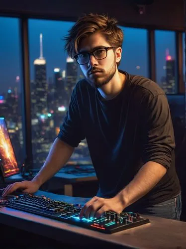 man with a computer,dj,yapor,atrak,radowo,cybercafes,computer freak,computer game,romash,hasan,lan,cyberathlete,cybercriminals,torkan,pc,computerologist,cybersurfing,cybertrader,cyberpunk,programmer,Illustration,Abstract Fantasy,Abstract Fantasy 09