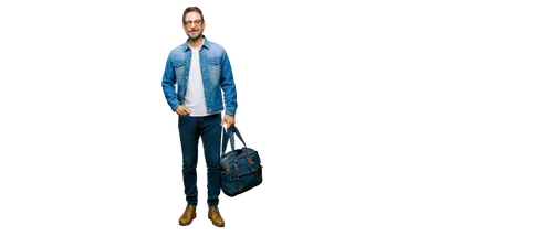 Mature man, photographer, solo, (40yo), short beard, glasses, messy hair, casual wear, denim jacket, white shirt, jeans, brown boots, DSLR camera, photography bag, standing, natural pose, realistic, o