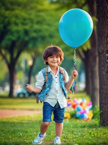 Shota boy, joy, smiling face, bright eyes, messy brown hair, casual white shirt, blue denim shorts, sneakers, holding a colorful balloon, standing, park, sunshine, green grass, blooming flowers, vibra