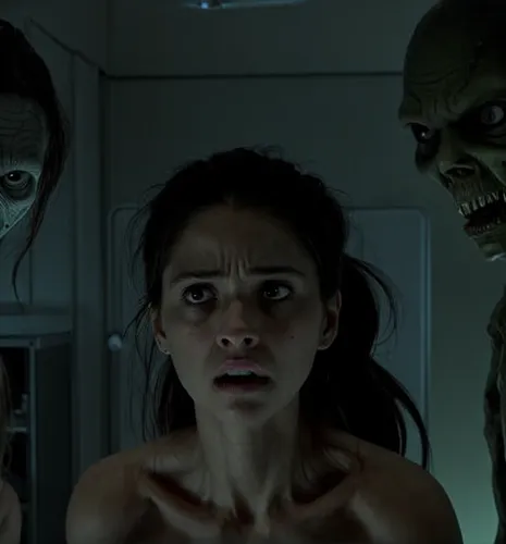 She is being stared at by aliens. She js being examined by zombies and zombie aliens. Aliens and zombies look at her and decide what to do with her.

Location: science lab,the girl's face,scared woman