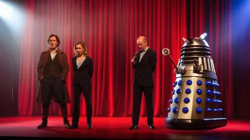 Paul Mcgann, India Fisher, Alex Macqueen and a Dalek on stage,daleks,timelords,skaro,dalek,regenerates,valeyard,exterminated,rassilon,regenerated,doctor who,exterminate,iplayer,davros,mcgann,gallifrey