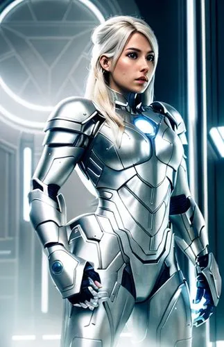 iron woman, beautiful, blond hair, silver and white, white, perfect, silver and white technological armor, with details of blue, cinema image, high quality, in a modern city, new york,,silver,silver a