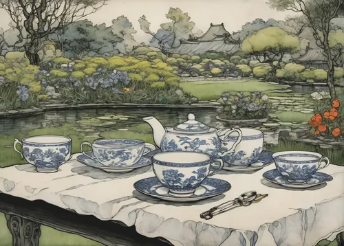 vintage china,watercolor tea set,chinaware,tea service,blue and white porcelain,tea set,watercolor tea,kate greenaway,chinese teacup,tea cups,tea party collection,cup and saucer,teapots,fine china,tea party,david bates,blue and white china,teacup arrangement,asian teapot,white and blue china,Illustration,Retro,Retro 25