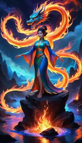 fire background,flame spirit,azula,dancing flames,lina,Illustration,Realistic Fantasy,Realistic Fantasy 01