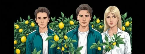 Лимонное дерево,two people stand in front of a mural of lemon trees,three flowers,twin flowers,daffodils,jonquils,cairenes,cultivators