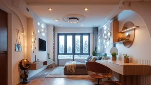 A modern living room space, inspired by Ukrainian design style, with a floor height of 5 meters, considering the relationship between space and people and the environment, and the lighting effect duri