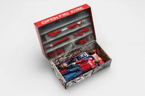    Bald Action figure wearing red jacket,  toy infographics, Label that says "Open Fire" on display box, Comic book style, Red and white color palette,
,the open box has an open top on it,loctite,toy 