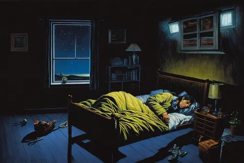 night scene,sleeping room,penumbra,insomnia,nocturnes,sci fiction illustration,bad dream,the girl in nightie,sleepwalker,steve medlin,night image,nighttime,cd cover,martin fisher,cold room,sleep,lee slattery,sleepless,night administrator,the girl is lying on the floor,Conceptual Art,Sci-Fi,Sci-Fi 21