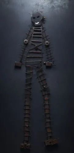 A robot with sharp teeth, long skinny neck, metal panels, realistic circuits, Biomechanical, rusty, old, electrical components, metal panels, screws, bolts, nuts, b12, black smile, black eyes,Skullbot