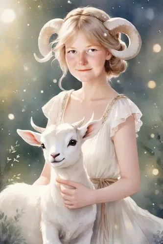 shepherdess,shepherdesses,white rose snow queen,heatherley,the snow queen,goatflower,milkmaid,lamb,fantasy picture,imbolc,good shepherd,serafina,faery,tumnus,amalthea,the good shepherd,elfland,white winter dress,the sheep,gentleness,Digital Art,Watercolor