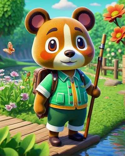 Adorable villager, animal crossing character, Tom Nook's shop, green grass, bright flowers, sunny day, warm lighting, 3D cartoon style, colorful outfits, holding fishing rod, standing near river, wate