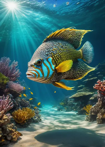 large fish, powerful appearance, dredging action, underwater scene, detailed scales texture, muscular structure, dynamic movement, ocean floor, sand clouds, aquatic plants, coral reef nearby, sunlight