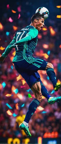 Produce a photograph of Cristiano Ronaldo gracefully leaping in the air to head the ball into the goal during a crucial match.,soccer kick,cristiano,goalkeeper,ronaldo,soccer goalie glove,soccer playe