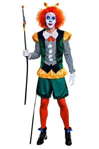 colorful jester, cartoon character, solo, (18yo), exaggerated facial expression, bright orange wig, white face paint, red nose, colorful diamond pattern costume, oversized shoes, holding a jesters sta