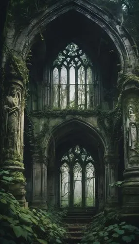 Abandoned, old, Gothic-style mausoleum, crumbling stone walls, intricate carvings, broken stained glass windows, overgrown with vines, moss-covered statues, eerie silence, foggy atmosphere, dim natura