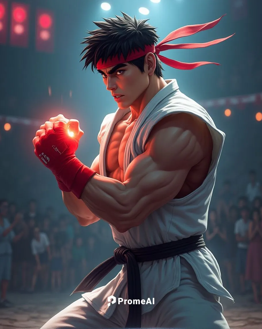 Create a hyper-realistic portrait of Ryu, the iconic martial artist from Street Fighter II, standing in his classic white gi, with the red headband fluttering in the wind. He has a muscular build with