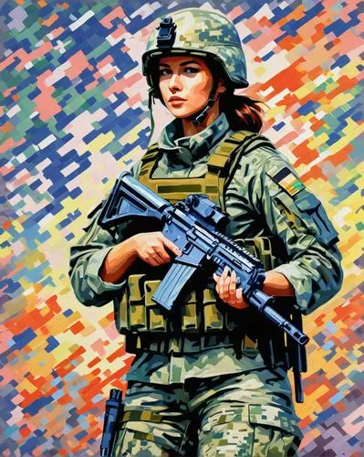 girl with gun,girl with a gun,woman holding gun,military camouflage,afghanistan,armed forces,gi,infantry,military,federal army,operator,wpap,policewoman,pixel art,military person,vietnam,girl scouts of the usa,patrols,oil painting on canvas,us army,Conceptual Art,Oil color,Oil Color 10