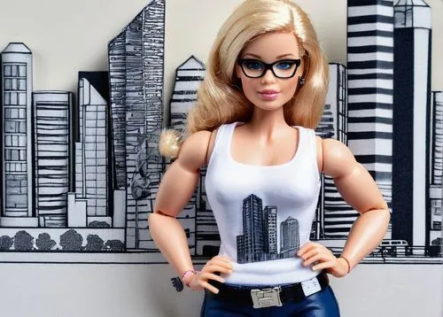 Barbie doll, trendy architect, standing, confident pose, blueprints in hand, pencil behind ear, glasses with bright pink frames, curly blonde hair tied up, minimal makeup, white tank top, high-waisted