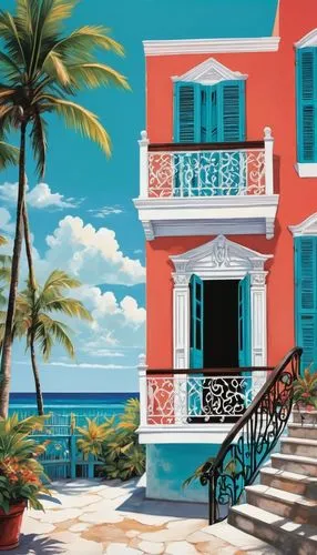 Bahamian architecture, pastel-colored buildings, ornate wooden shutters, balconies with intricate ironwork, red-tiled roofs, white stone walls, tropical plants surrounding, palm trees swaying gently, 