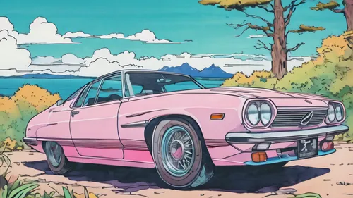 pink car,jensen interceptor,datsun 510,notchback,illustration of a car,bmw 321,detail shot,mg mgb,bmw 320,car drawing,bmw 315,triumph tr6,triumph tr 6,colored pencil background,mazda kabura,sakura background,bmw 326,pink grass,e31,muscle car cartoon,Illustration,Japanese style,Japanese Style 06