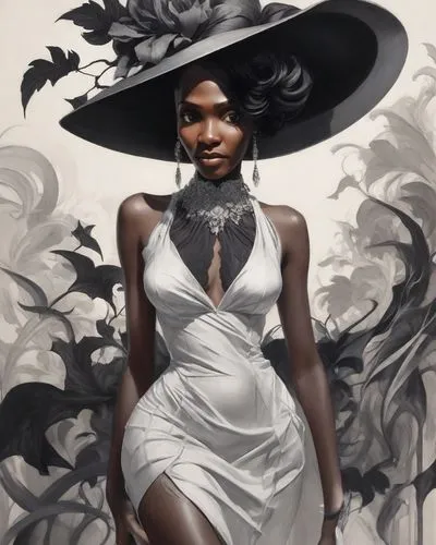 fantasy portrait,queen of the night,black woman,ebony,the hat of the woman,black rose,black skin,crow queen,widow flower,sorceress,black landscape,moonflower,black pearl,jaya,deadly nightshade,venus,fashion illustration,lady of the night,fantasy woman,eve