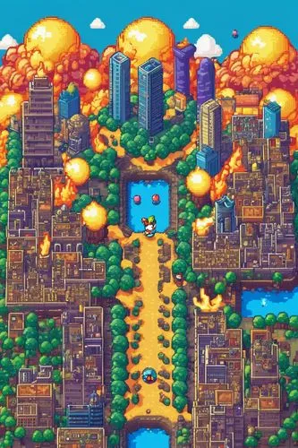 8-bit illustration of an urban city on fire, video game level, daytime,bird kingdom,skyscraper town,aurora village,mushroom island,fantasy city,resort town,fairy village,bird bird kingdom,bee farm,col