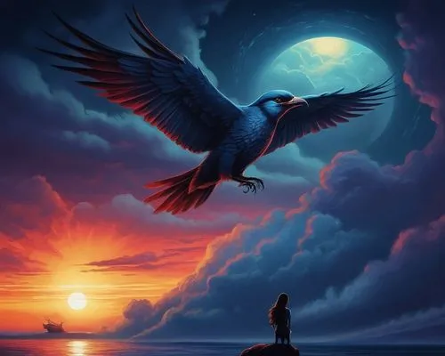 fantasy picture,night bird,nocturnal bird,fantasy art,freebird,dreamtime,bird in the sky,volar,soaring,mulawin,soar,rapace,dreamscapes,dream art,cygnes,soared,dangerbird,eagleman,blue moon,twilight,Illustration,Realistic Fantasy,Realistic Fantasy 25