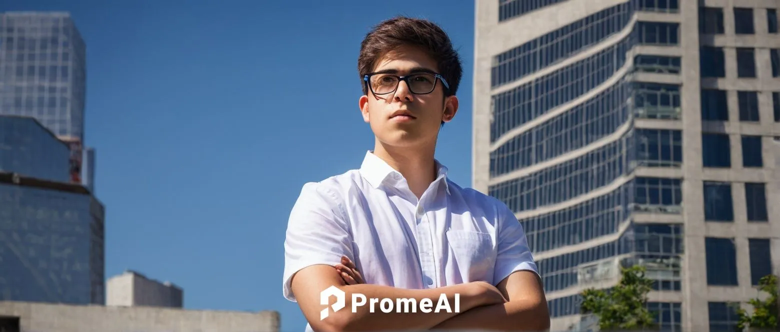 Young adult, male, architecture student, associate's degree, casual wear, white shirt, dark blue jeans, sneakers, black framed glasses, short brown hair, serious expression, holding a blueprint, stand