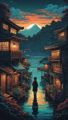 kyoto,japan landscape,tsukemono,japan,nikko,samurai,fuji,world digital painting,japanese background,dusk,tokyo,japanese waves,shirakawa-go,芦ﾉ湖,淡島神社,ryokan,剣岳,pixel art,japanese art,studio ghibli,Illustration,Realistic Fantasy,Realistic Fantasy 25