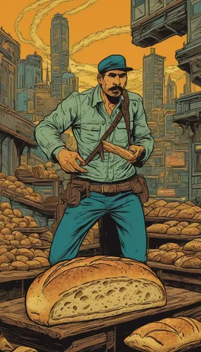 Imagine a futuristic world where bread is the main currency. Write a thrilling heist story centered around a bread robbery.,pizza supplier,pandesal,farmers bread,blue-collar worker,bread time,johnnyca