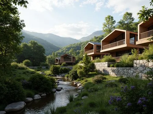 fallingwater,house in the mountains,house in mountains,ecovillages,the cabin in the mountains,render,creekside,chalet,ecovillage,building valley,amanresorts,3d rendering,mountain settlement,rivendell,lefay,forest house,streamside,landscaped,cantilevers,mountain huts