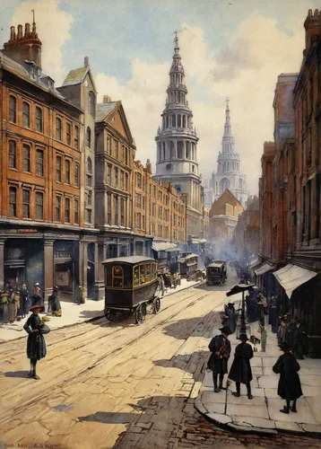 july 1888,old street,david bates,eastgate street chester,1905,1906,the victorian era,1900s,street scene,john atkinson grimshaw,1921,city scape,1926,19th century,liverpool,james sowerby,asher durand,martin fisher,cordwainer,gas lamp,Illustration,Paper based,Paper Based 03